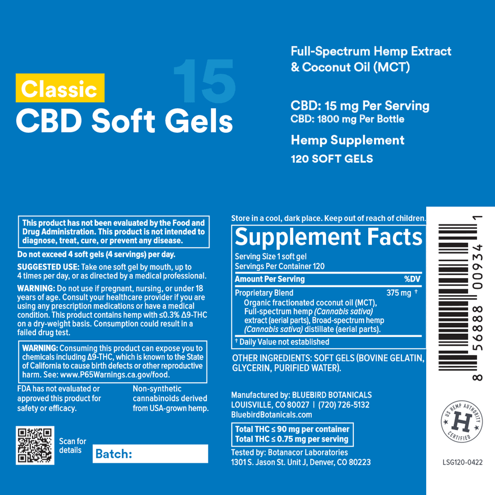 Bluebird Botanicals, Classic CBD Oil Softgels, Full Spectrum, 120ct, 1800mg CBD