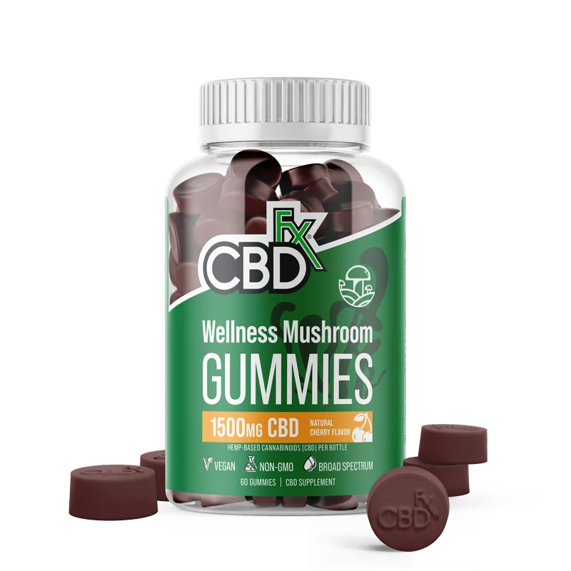 CBDfx, CBD Gummies With Mushrooms for Wellness, Broad Spectrum THC-Free, Cherry, 60ct, 1500mg CBD