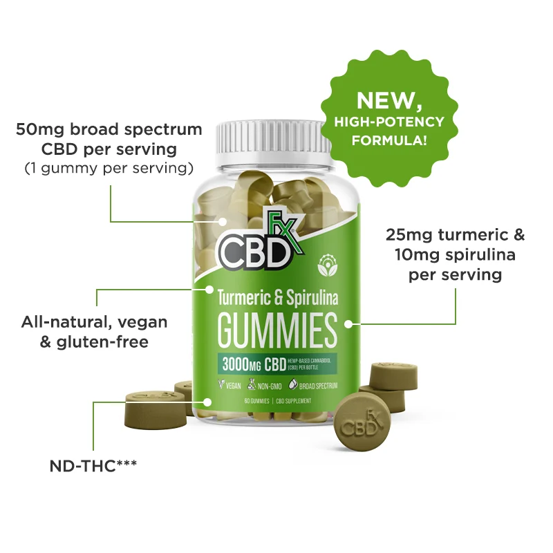 CBDfx, CBD Gummies with Turmeric and Spirulina, Broad Spectrum THC-Free, 60ct, 3000mg CBD