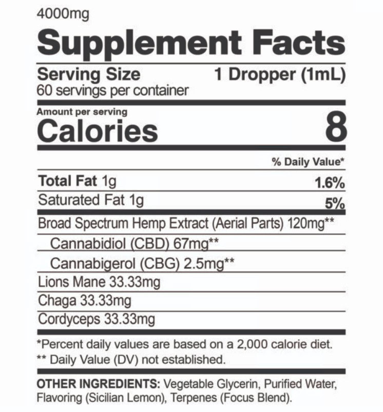 CBDfx, Focus Mushroom + CBD Drops: CBG Energy Blend, Broad Spectrum THC-Free, 2fl oz, 150mg CBG + 4000mg CBD