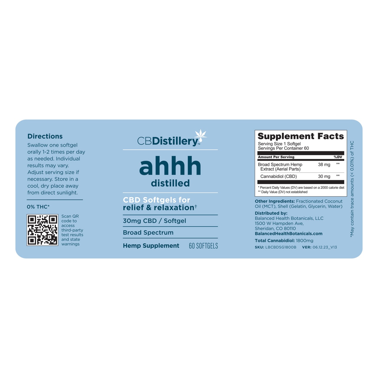 CBDistillery, Ahhh Distilled CBD Softgels for Relief & Relaxation, Broad Spectrum THC-Free, 60ct, 1800mg CBD