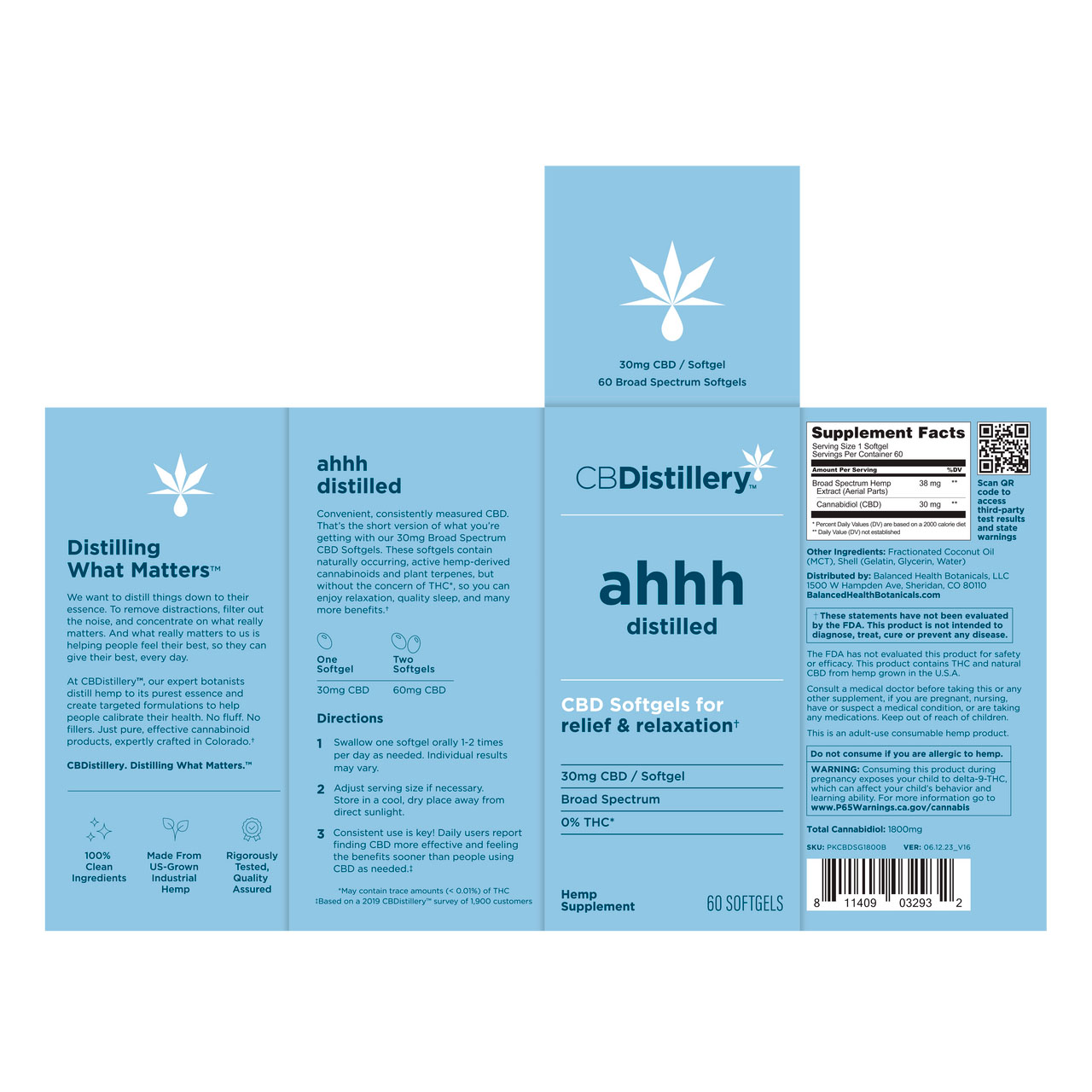 CBDistillery, Ahhh Distilled CBD Softgels for Relief & Relaxation, Broad Spectrum THC-Free, 60ct, 1800mg CBD