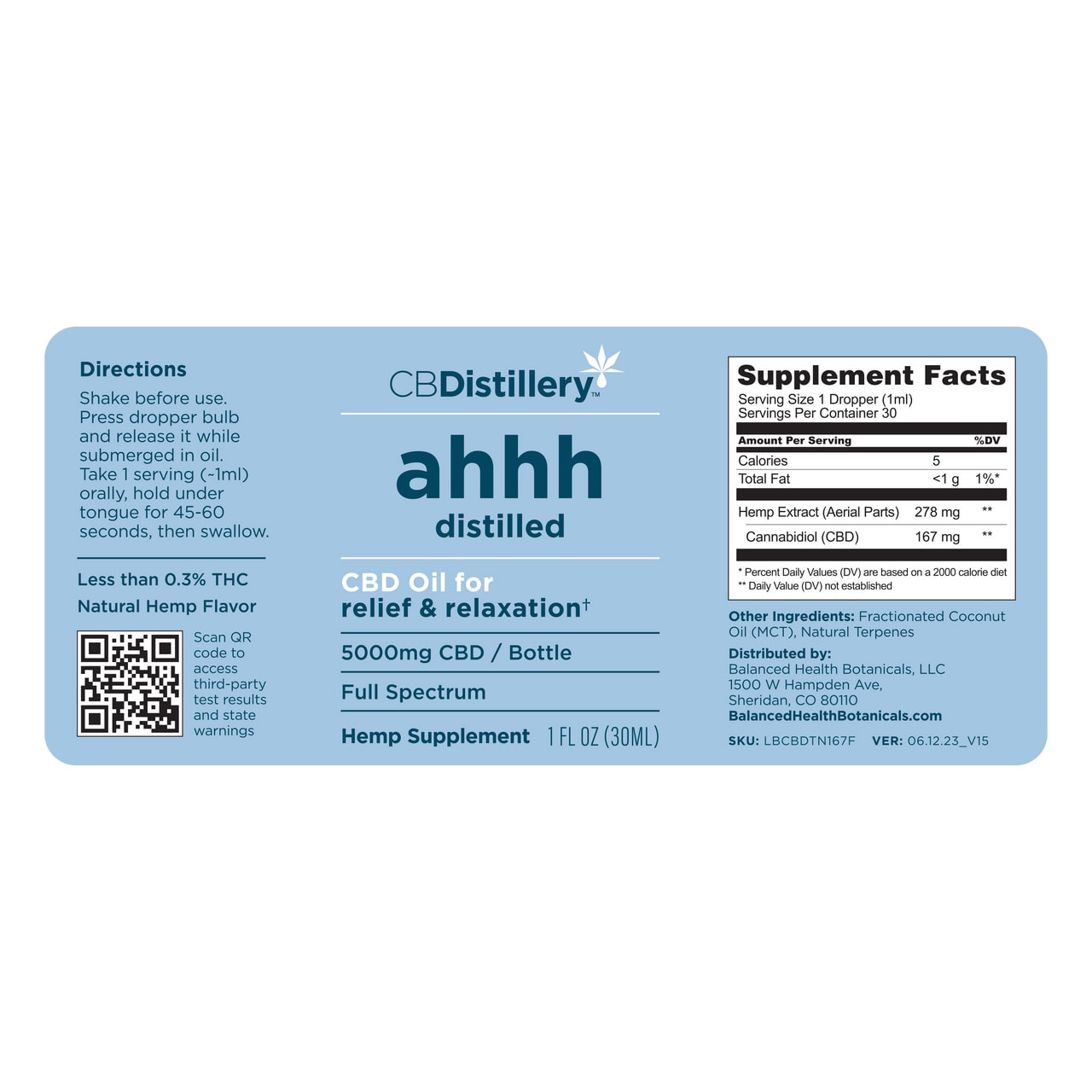 CBDistillery, Ahhh Distilled CBD Oil for Relief & Relaxation, Full Spectrum, 1fl oz, 5000mg CBD