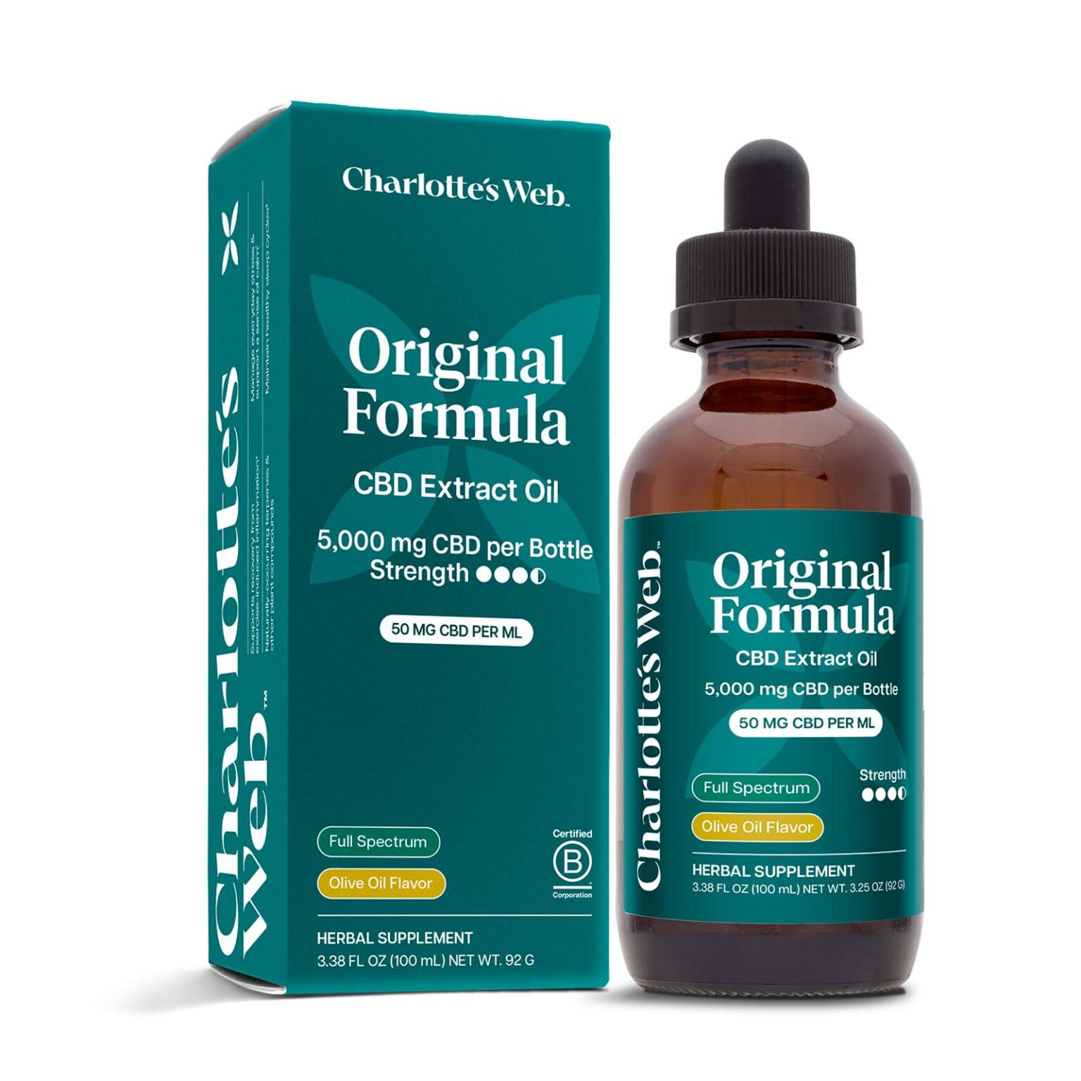 Charlotte’s Web, Original Formula CBD Oil 50mg, Olive Oil Natural, Full Spectrum, 3.38fl oz, 5000mg CBD