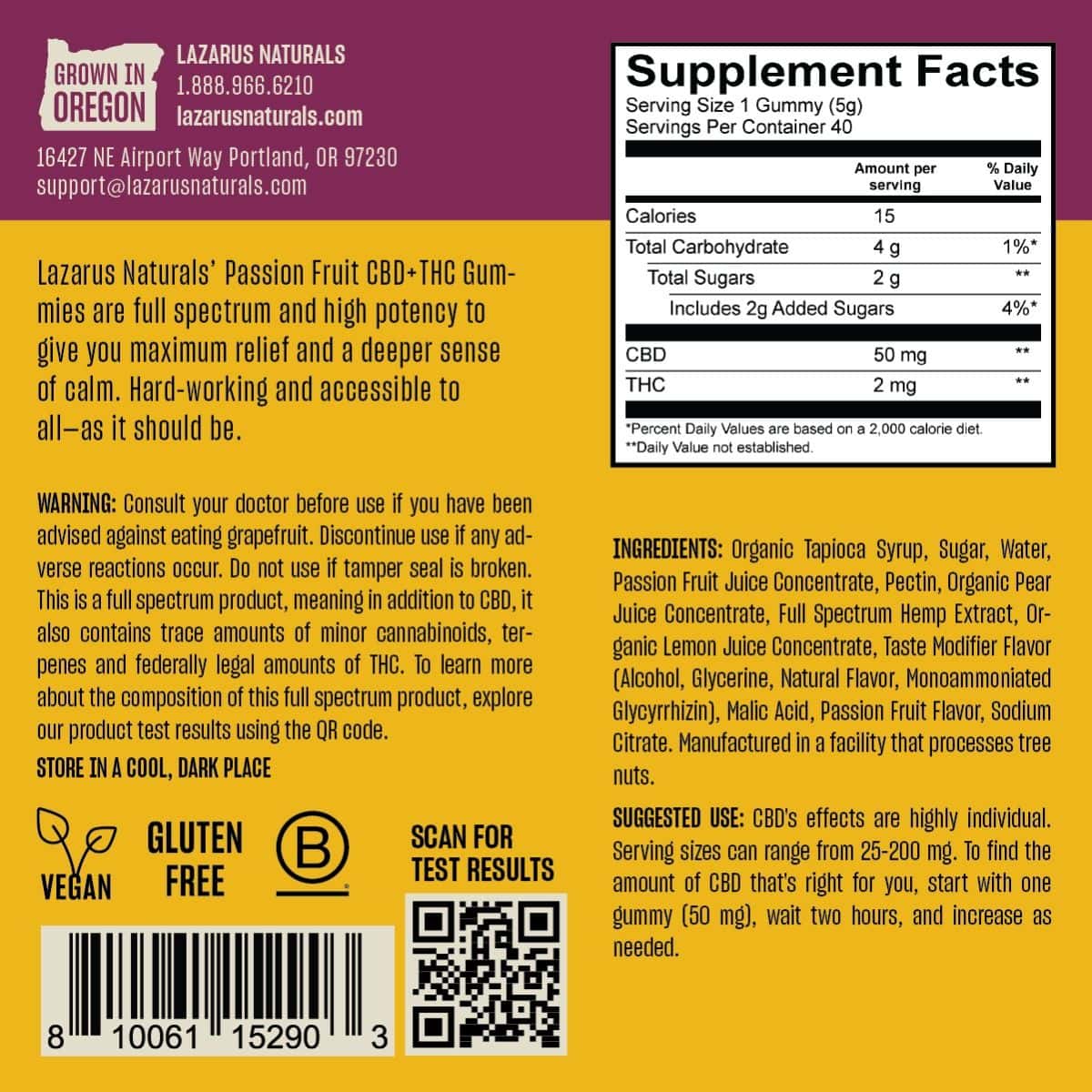 Lazarus Naturals, CBD + THC Gummies, Passion Fruit, Full Spectrum, 40ct, 80mg THC + 2000mg CBD