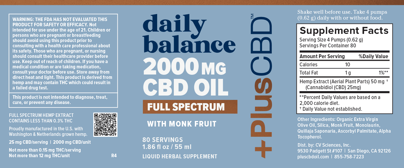 PlusCBD, Daily Balance 25mg CBD Oil with Monk Fruit, Unflavored, Full Spectrum, 1.86fl oz, 2000mg CBD
