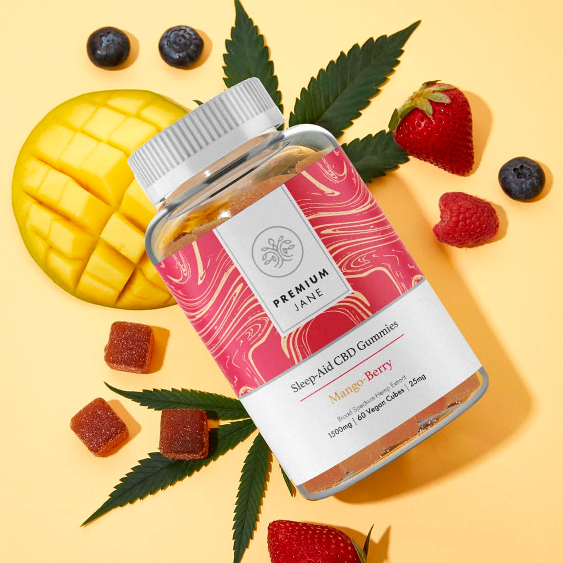 Premium Jane, Sleep-Aid CBD Gummies, Mango-Berry, Broad Spectrum THC-Free, 60ct, 1500mg CBD