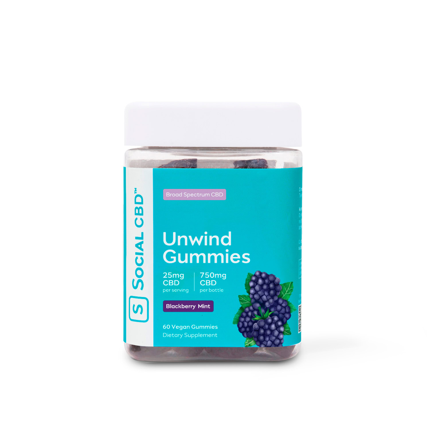 Social CBD, Unwind CBD Gummies, Blackberry Mint, Broad Spectrum THC-Free, 60ct, 750mg CBD