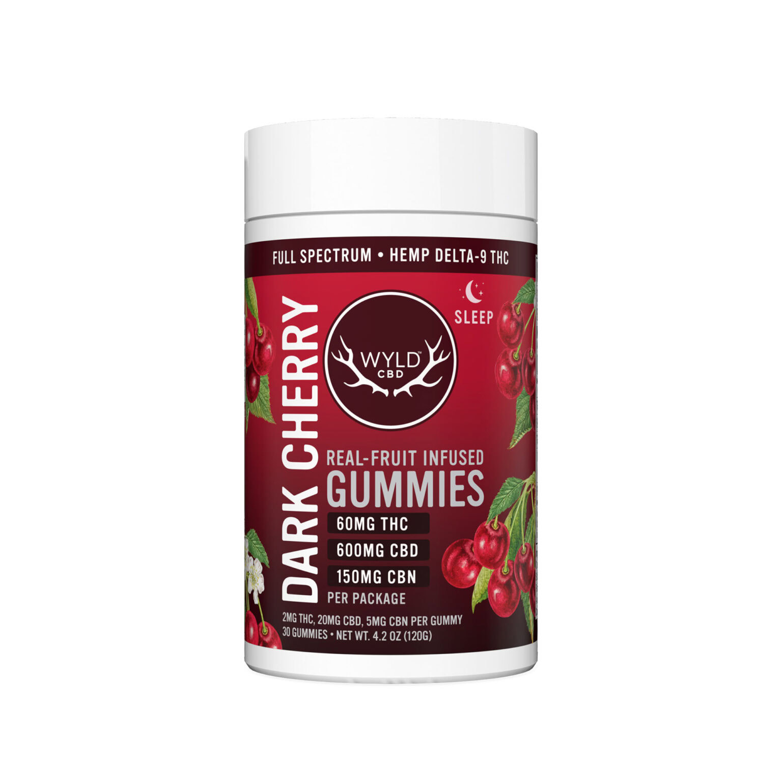 Wyld CBD, Dark Cherry Sleep CBD+THC Gummies, Full Spectrum, 30ct, 60mg THC + 150mg CBN + 600mg CBD