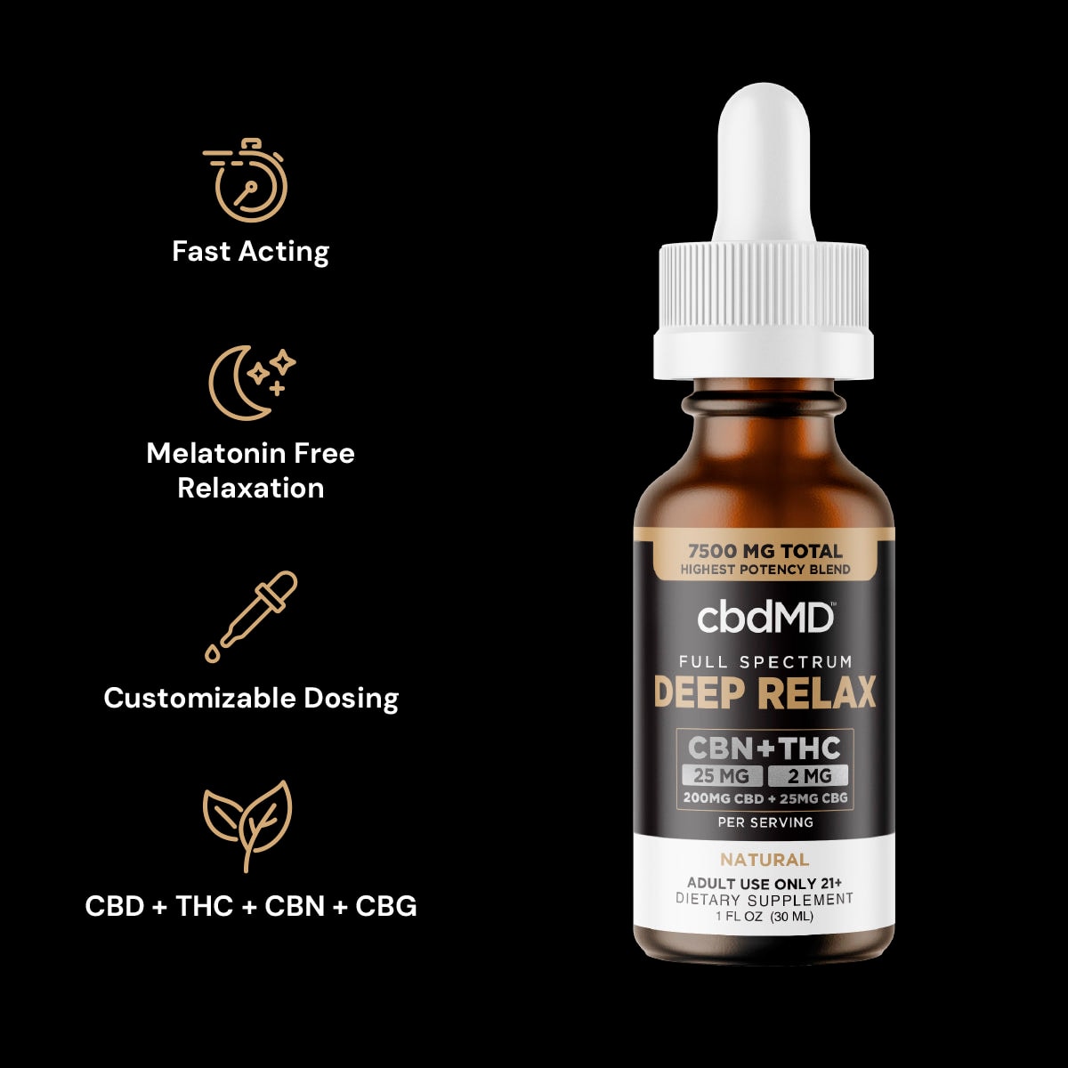 cbdMD, Deep Relax THC + CBN + CBG + CBD Tincture, Full Spectrum, 1fl oz, 60mg THC + 750mg CBN + 750mg CBG + 6000mg CBD